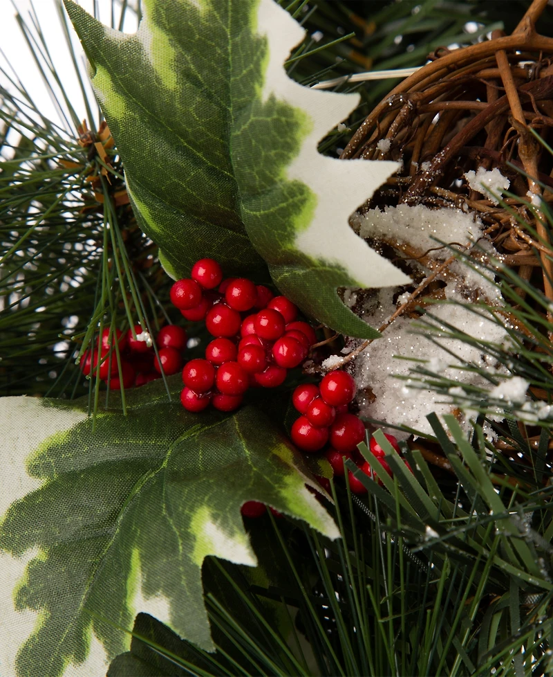 Glitzhome Led Pre-Lit Greenery Buffalo Bow Berry Holly Pine Cone Rattan Ornament Wreath