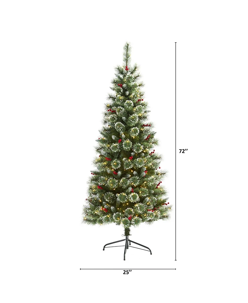 Nearly Natural Frosted Swiss Pine Artificial Christmas Tree with 300 Clear Led Lights and Berries