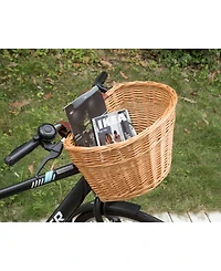 Vintiquewise Wicker Front Bike Basket with Faux Leather Straps