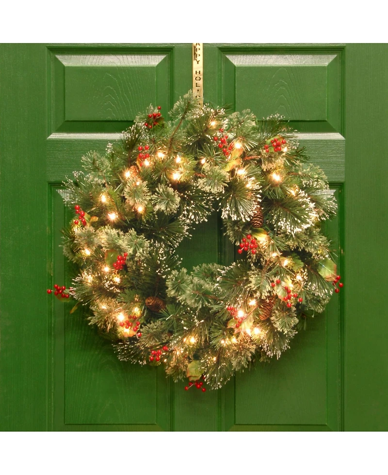 National Tree Company 24" Wintry Pine Wreath with Cones, Red Berries, Snowflakes and 50 Clear Lights