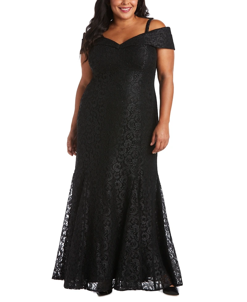R & M Richards Plus Size Off-The-Shoulder Lace Gown