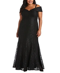 R & M Richards Plus Size Off-The-Shoulder Lace Gown