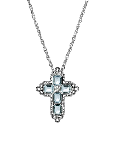 2028 Women's Pewter Rectangle Light Blue Crystal Cross Chain Necklace