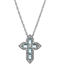 2028 Women's Pewter Rectangle Light Blue Crystal Cross Chain Necklace