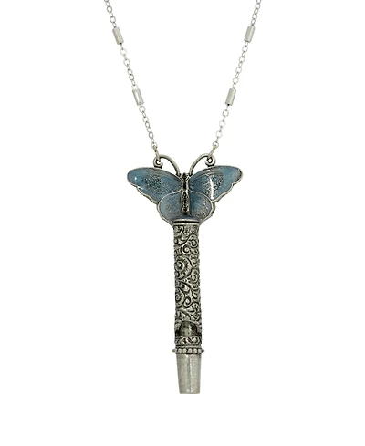 2028 Women's Pewter Whistle with Blue Enamel Butterfly Necklace