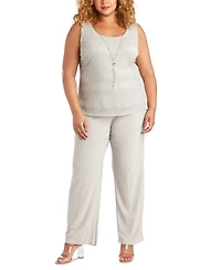 R & M Richards Plus 3-Pc. Metallic Jacket, Necklace Top Pants Set