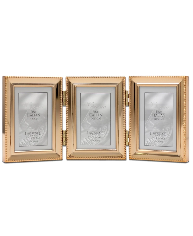 Polished Metal Hinged Triple Picture Frame - Bead Border Design