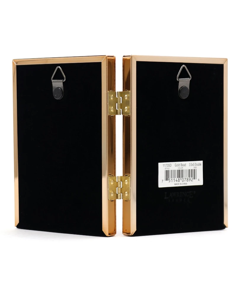 Polished Metal Hinged Double Picture Frame - Bead Border Design, 3.5" x 5"