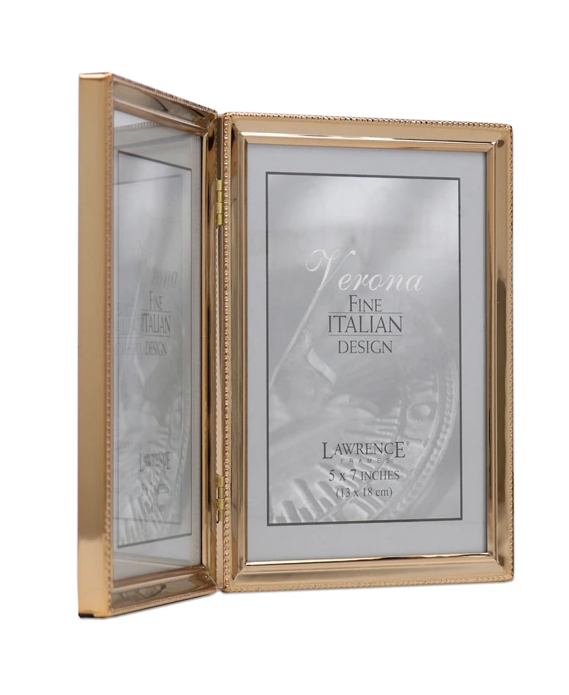 Polished Metal Hinged Double Picture Frame - Bead Border Design, 5" x 7"