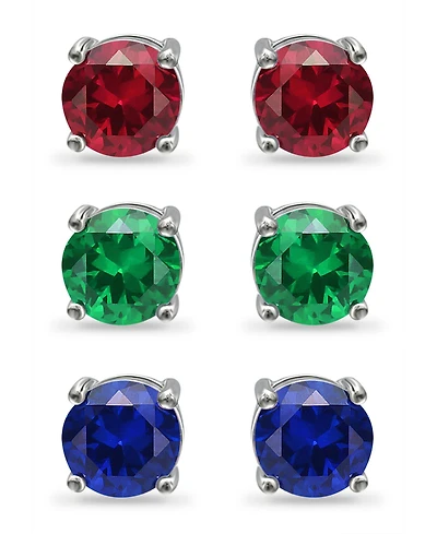 Giani Bernini Lab Grown Green Quartz, Lab Grown Ruby and Simulated Blue Sapphire Stud Earring Set, 3 Piece