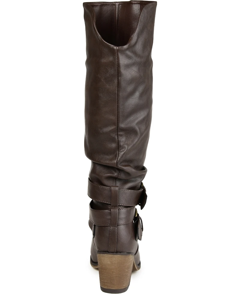 Journee Collection Women's Late Wide Calf Rouched Buckle Mid Shaft Block Heel Boots