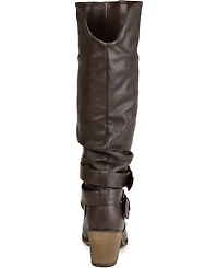 Journee Collection Women's Late Wide Calf Rouched Buckle Mid Shaft Block Heel Boots