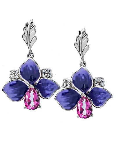 Pink Topaz (7/8 ct.t.w) and Enamel Flower Earrings in Sterling Silver