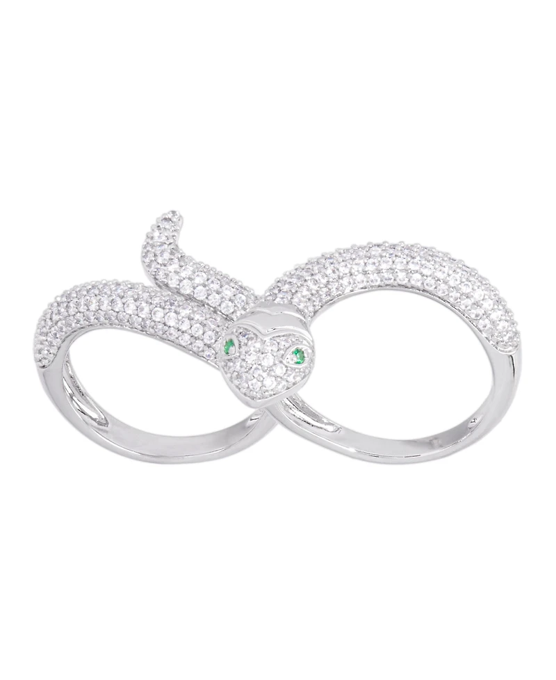 Cubic Zirconia Snake Double Finger Ring Silver Plate