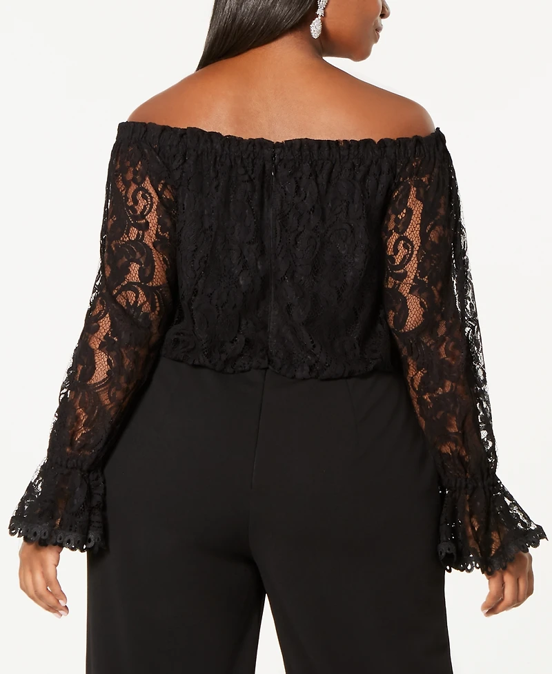 Adrianna Papell Plus Size Off-The-Shoulder Lace Jumpsuit
