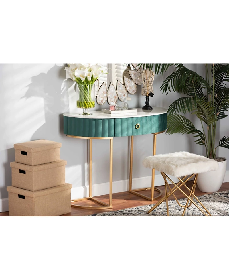 Beale Luxe and Glam Velvet Upholstered 1-Drawer Console Table with Faux Marble Tabletop