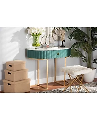 Beale Luxe and Glam Velvet Upholstered 1-Drawer Console Table with Faux Marble Tabletop