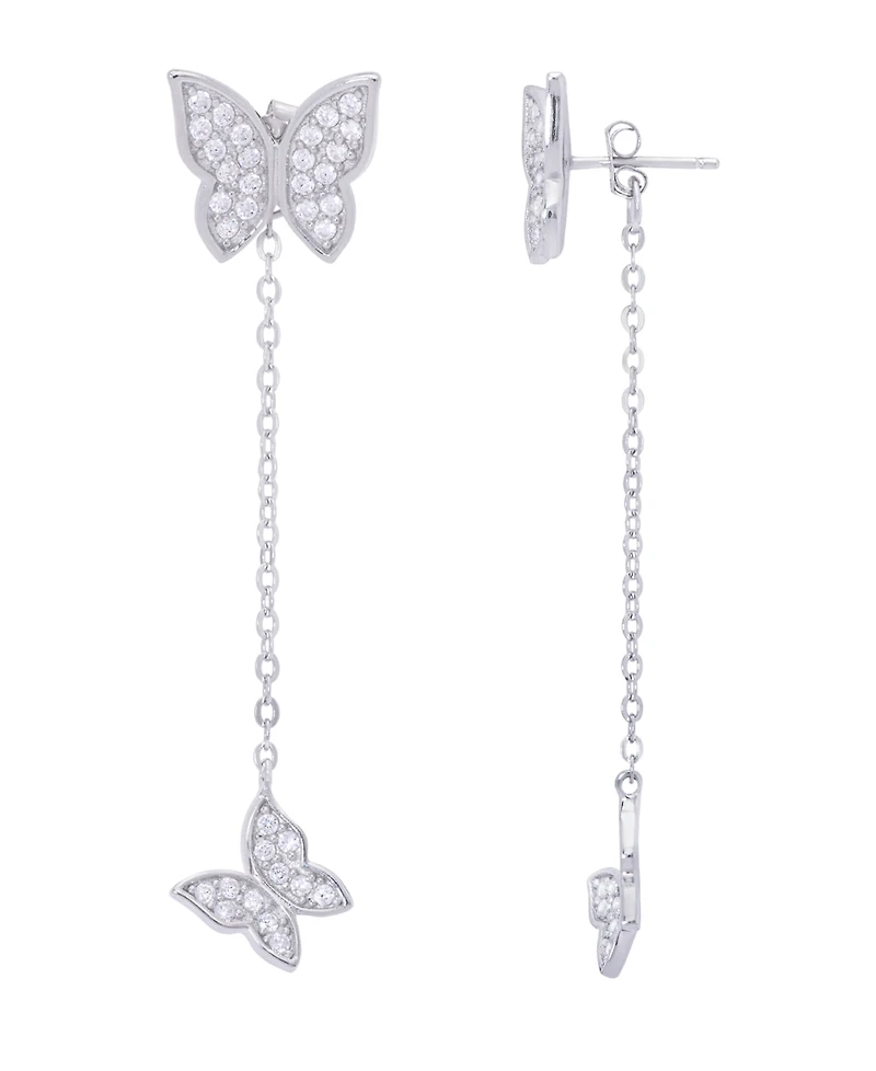 Cubic Zirconia Butterfly Chain Earrings in Silver Plate