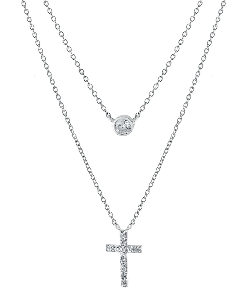 Double Layered 16" + 2" Cubic Zirconia Solitaire and Cross Chain Necklace in Sterling Silver