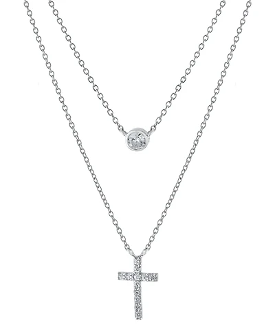 Double Layered 16" + 2" Cubic Zirconia Solitaire and Cross Chain Necklace in Sterling Silver