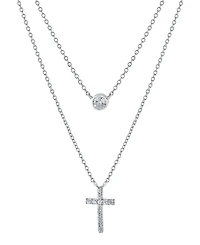 Double Layered 16" + 2" Cubic Zirconia Solitaire and Cross Chain Necklace in Sterling Silver