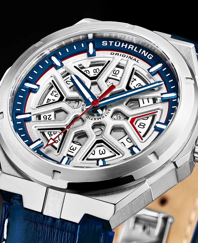 Men's Automatic Blue Alligator Embossed Genuine Leather Strap with White Stitching Watch 44mm