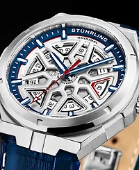 Men's Automatic Blue Alligator Embossed Genuine Leather Strap with White Stitching Watch 44mm