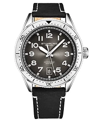 Men's Black Genuine Leather Strap with White Contrast Stitching Watch 42mm