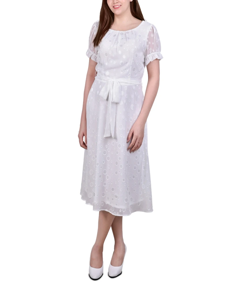 Ny Collection Petite Short Sleeve Belted Swiss Dot Dress
