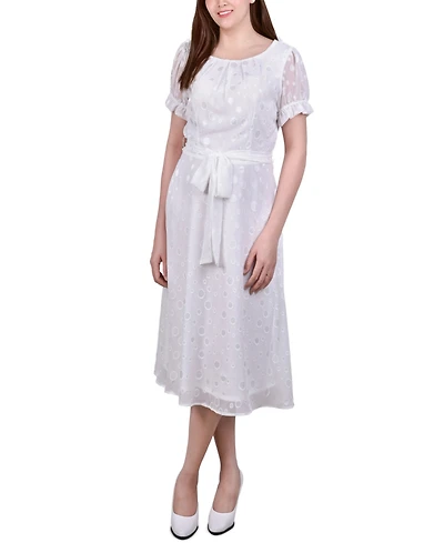 Ny Collection Petite Short Sleeve Belted Swiss Dot Dress