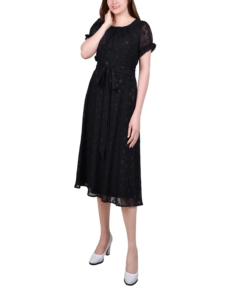 Ny Collection Petite Short Sleeve Belted Swiss Dot Dress