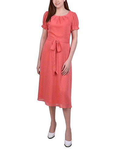 Ny Collection Petite Short Sleeve Belted Swiss Dot Dress