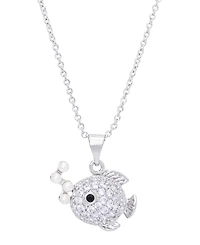 Simulated Pearl Cubic Zirconia Fish Pendant 18" Necklace in Silver Plate