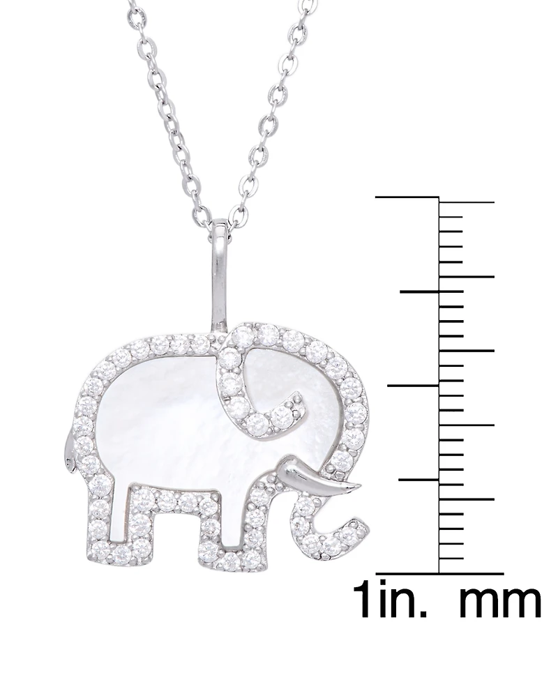 Mother of Pearl Cubic Zirconia Elephant Pendant 18" Necklace in Silver Plate
