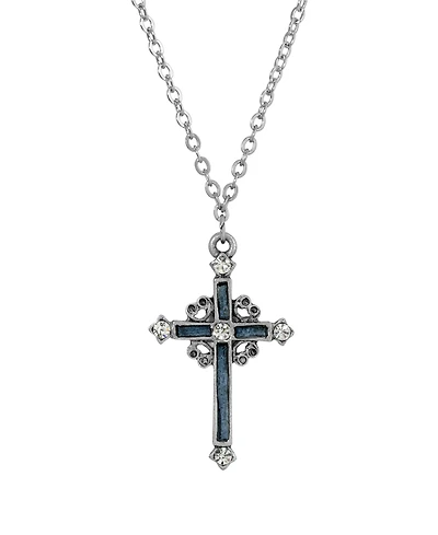 Pewter Blue Hand Enamel Cross with Crystals Necklace