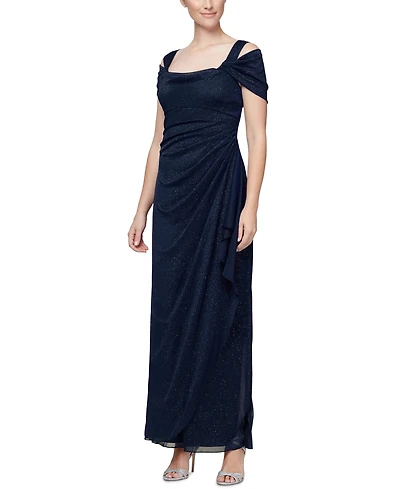Alex Evenings Petite Cold-Shoulder Draped Metallic Gown