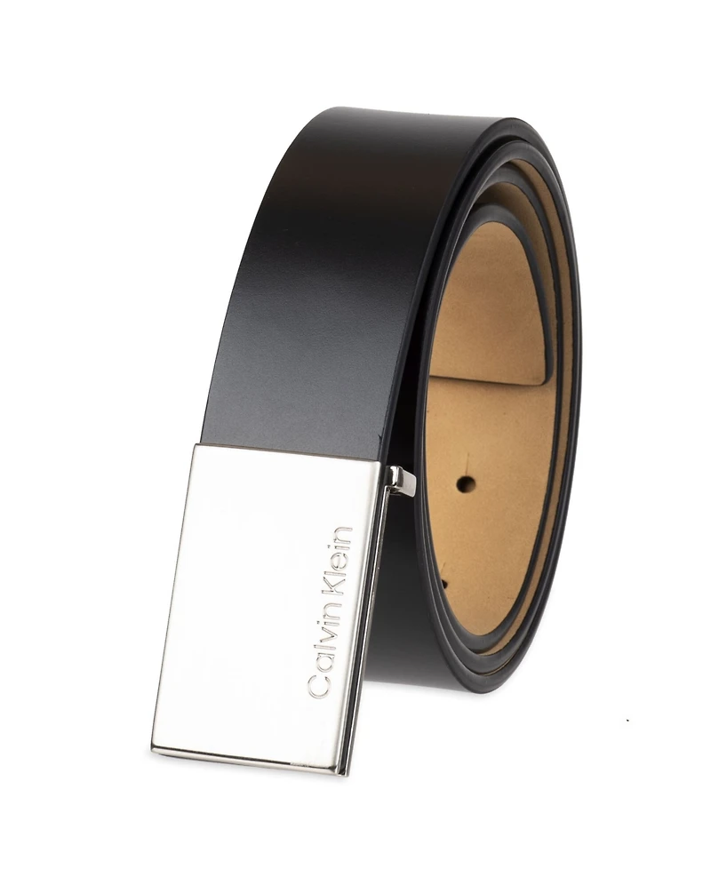 Calvin Klein Men's Casual Belt with Engraved Plaque Buckle