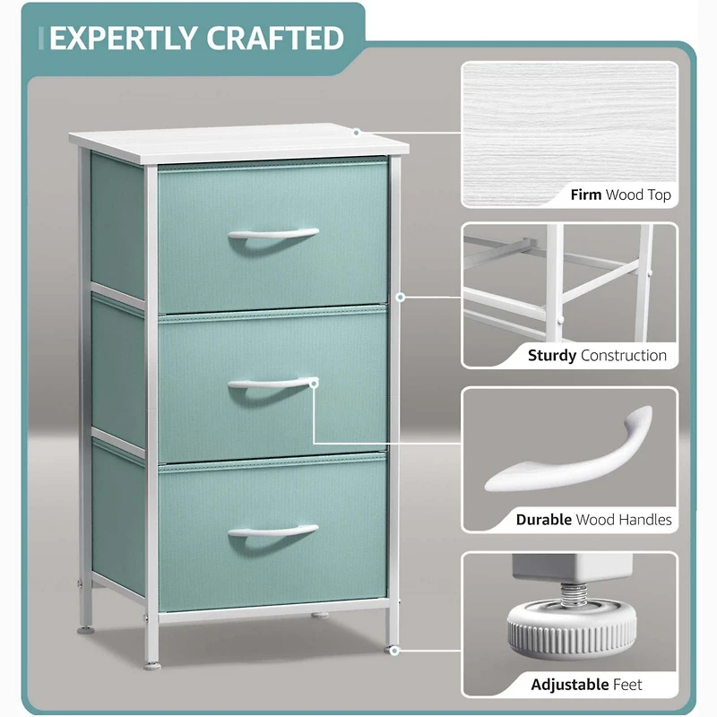 Sorbus Nightstand with 3 Drawers - Steel Frame, Wood Top & Easy Pull Fabric Bins Perfect for Home, Bedroom