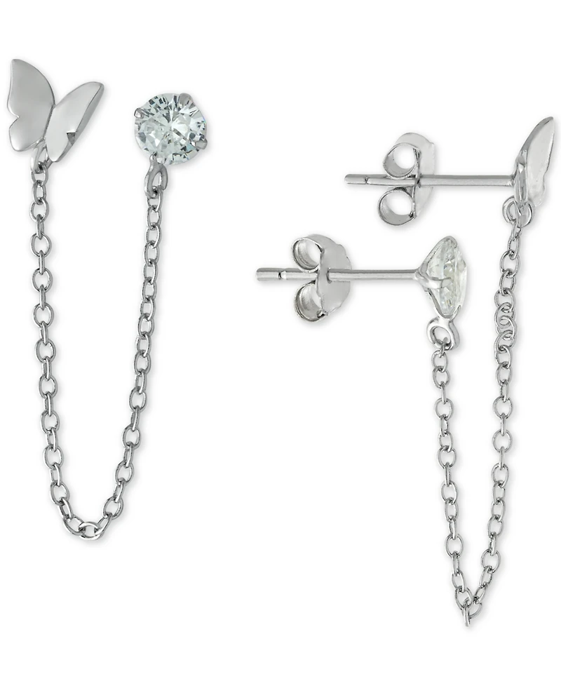 Cubic Zirconia Butterfly Double Piercing Chain Earrings in Sterling Silver