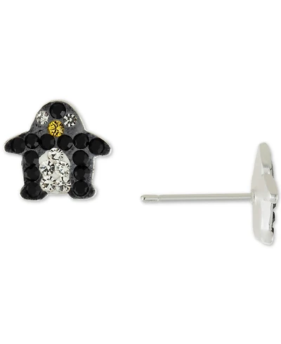 Black, White & Yellow Crystal Pave Penguin Stud Earrings in Sterling Silver