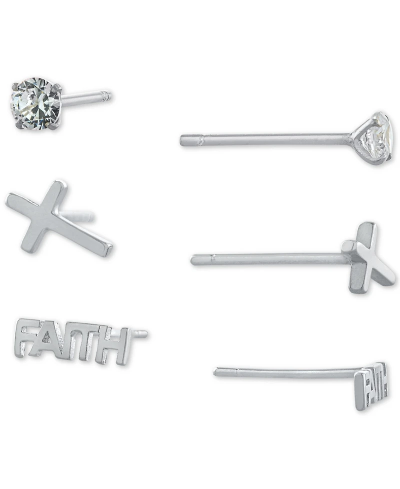 Giani Bernini 3-Pc. Set Cubic Zirconia & Faith-Themed Stud Earrings in Sterling Silver, Created for Macy's