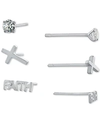 Giani Bernini 3-Pc. Set Cubic Zirconia & Faith-Themed Stud Earrings in Sterling Silver, Created for Macy's