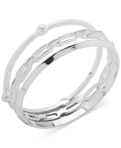 Anne Klein Silver-Tone 3-Pc. Set Crystal & Imitation Pearl Bangle Bracelets