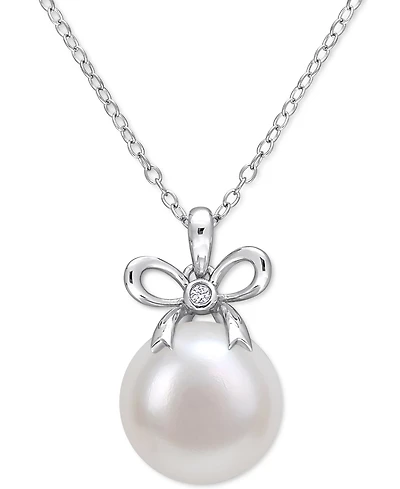Cultured Freshwater Pearl (12mm) & Lab-Created White Sapphire Accent Bow 18" Pendant Necklace in Sterling Silver