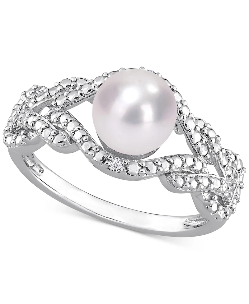 Cultured Freshwater Pearl (7mm) & Diamond Accent Openwork Ring Sterling Silver