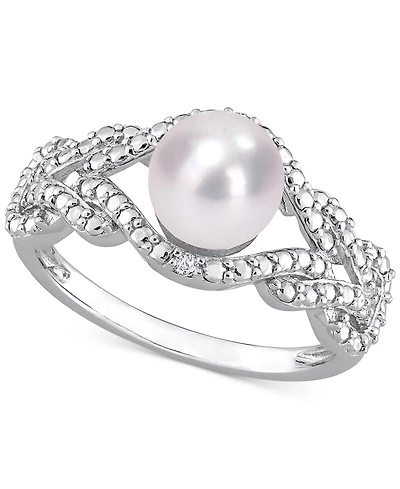 Cultured Freshwater Pearl (7mm) & Diamond Accent Openwork Ring Sterling Silver