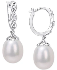Cultured Freshwater Pearl (8mm) & Diamond Accent Dangle Hoop Earrings in Sterling Silver