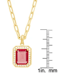 Simulated Ruby Cubic Zirconia Emerald-Cut Paperclip Pendant 18" Gold Plate Necklace