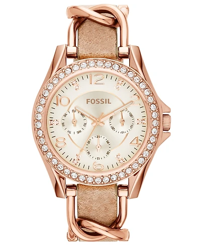 Fossil Women's Riley Rose Gold-Tone Chain and Bone Leather Strap Watch 38mm ES3466