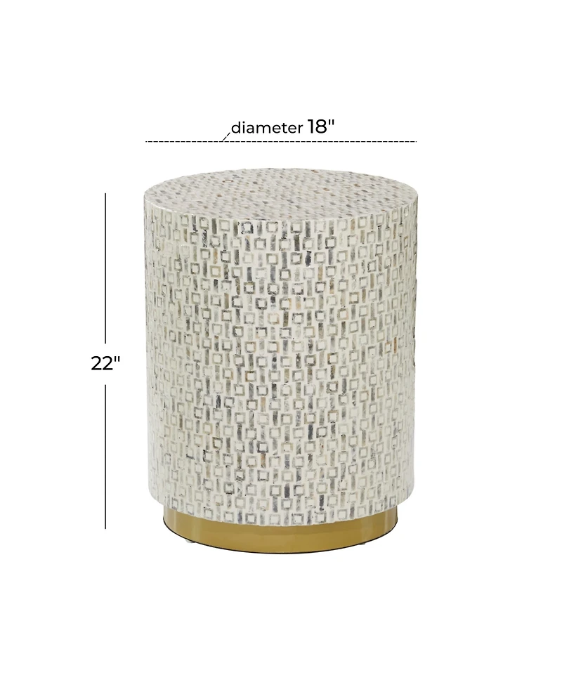 Rosemary Lane Mother of Pearl Drum Accent Table with Linear Mosaic Pattern and Gold Base